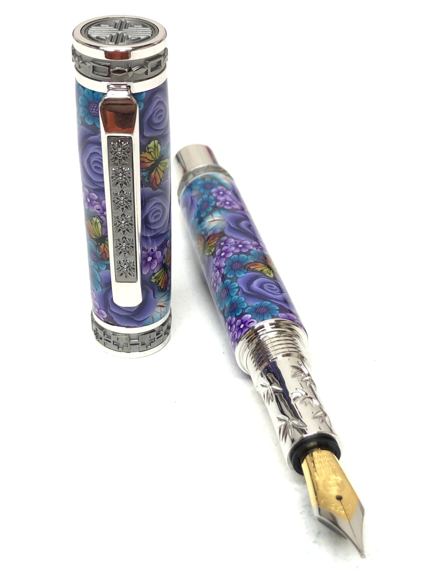 Elegant Emperor Fountain / Rhodium and Black Titanium - Purple Flowers and Butterflies Poly-Clay