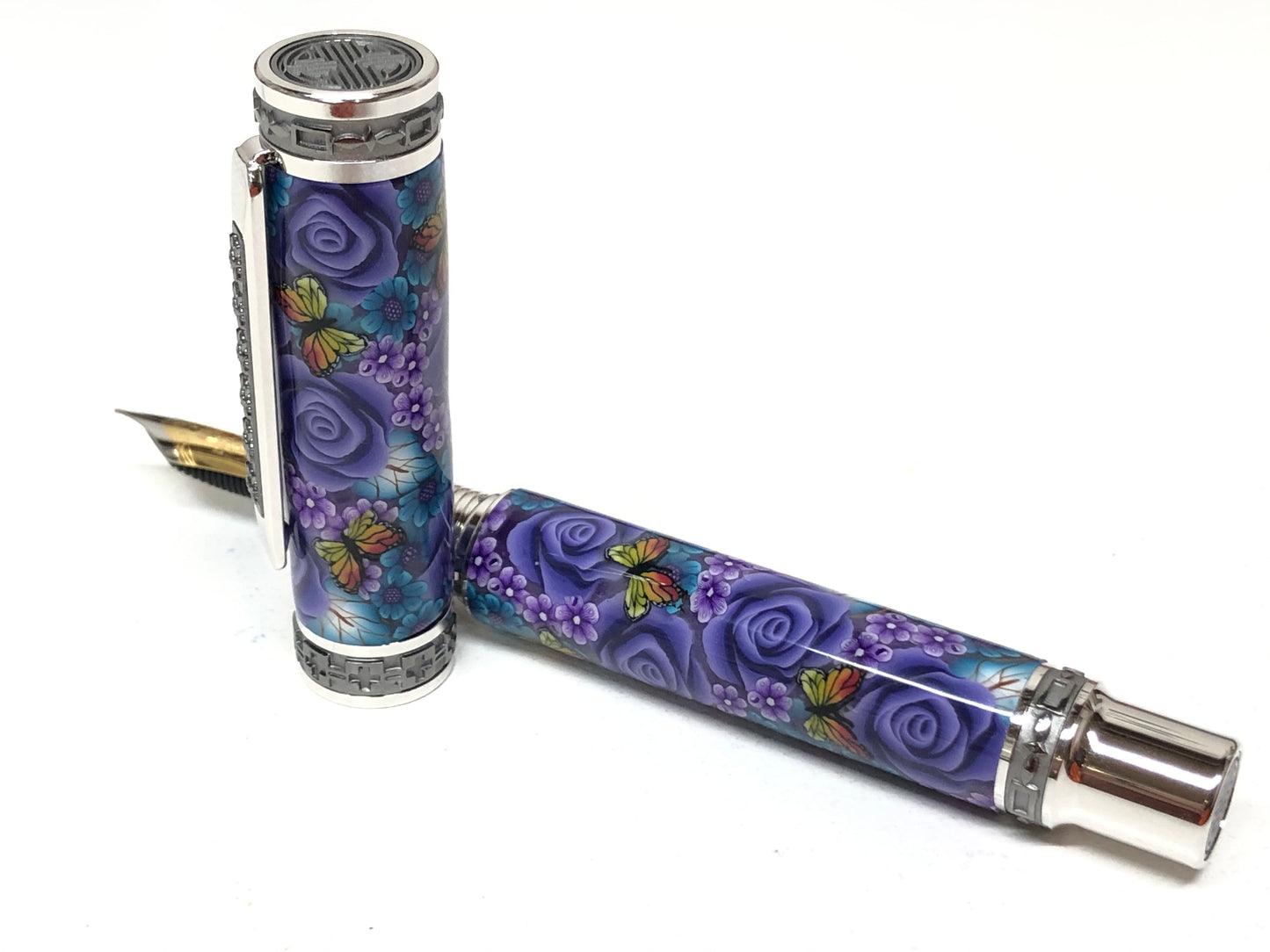Elegant Emperor Fountain / Rhodium and Black Titanium - Purple Flowers and Butterflies Poly-Clay