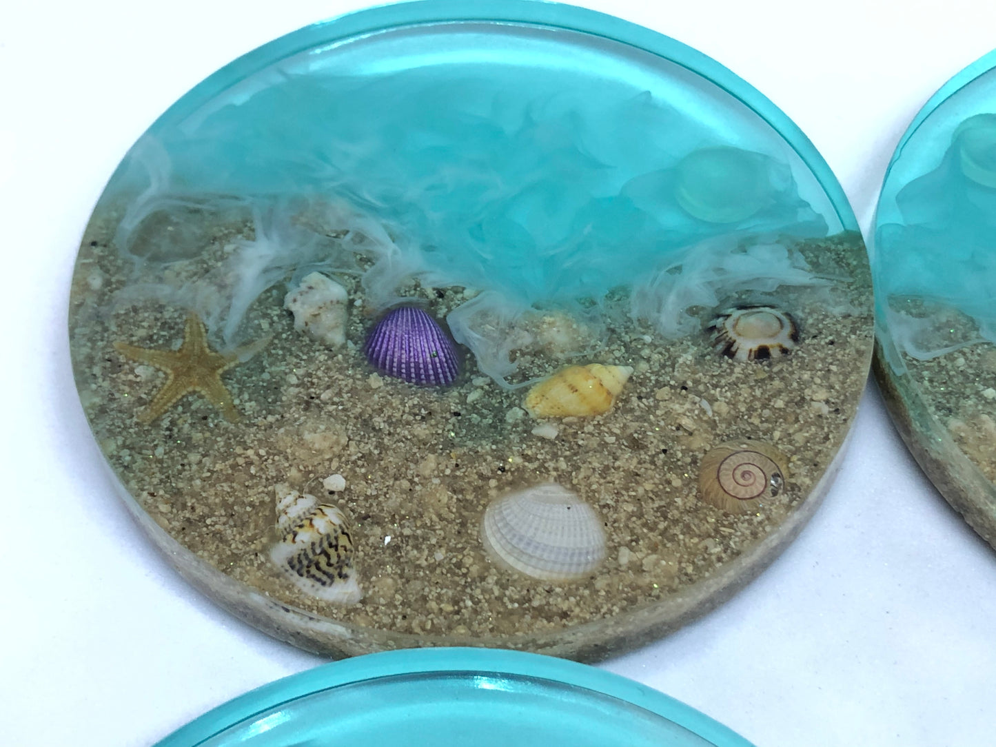 Small Round Beach Coasters with Sand and Shells