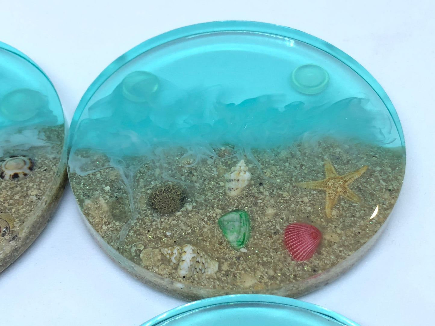 Small Round Beach Coasters with Sand and Shells