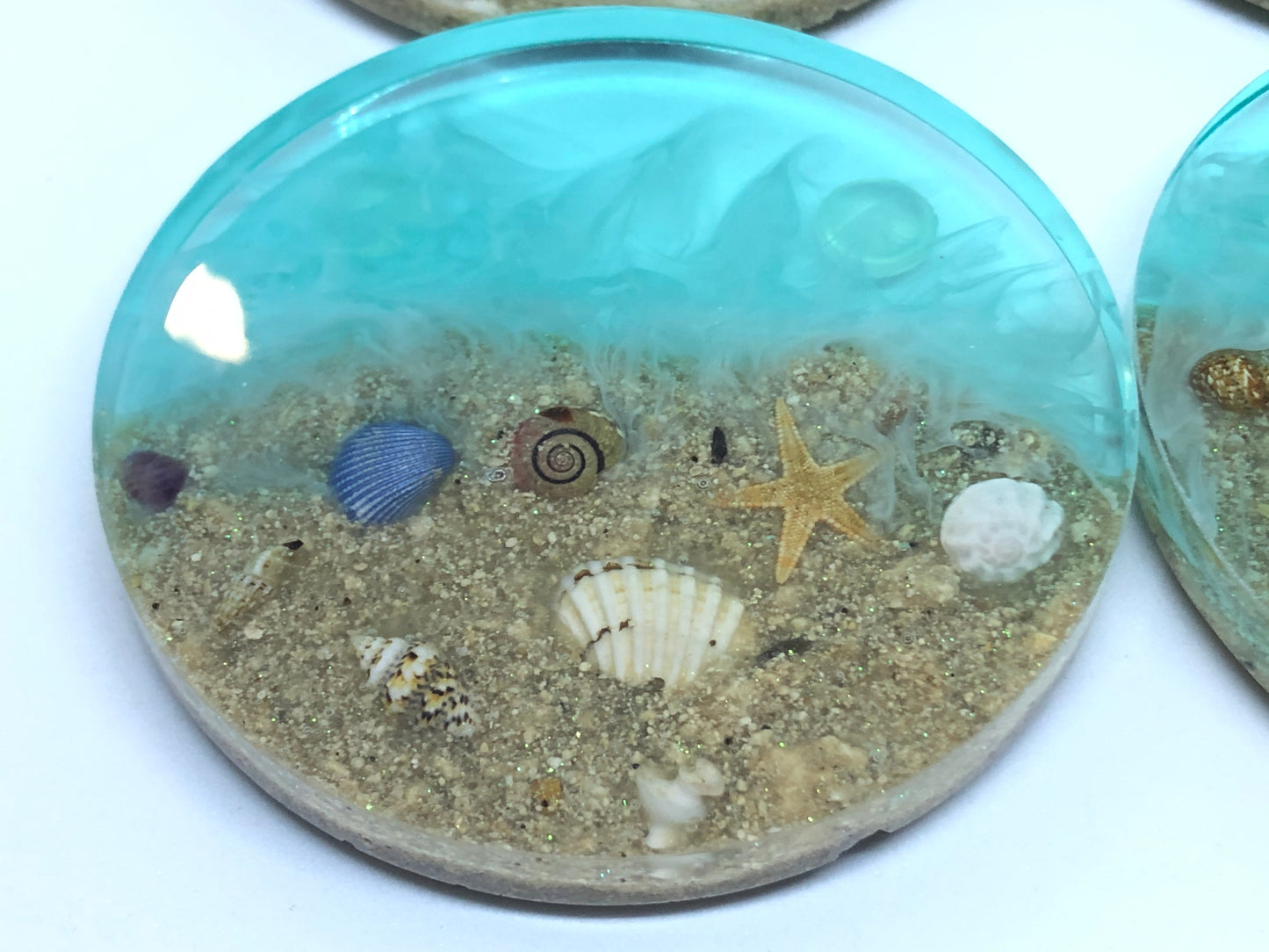 Small Round Beach Coasters with Sand and Shells