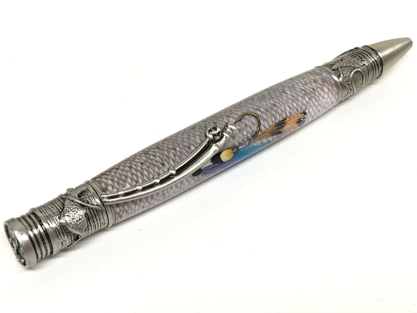 Fly Fishing Ballpoint / Antique Pewter - Purple and Blue Fly with Steelhead Background