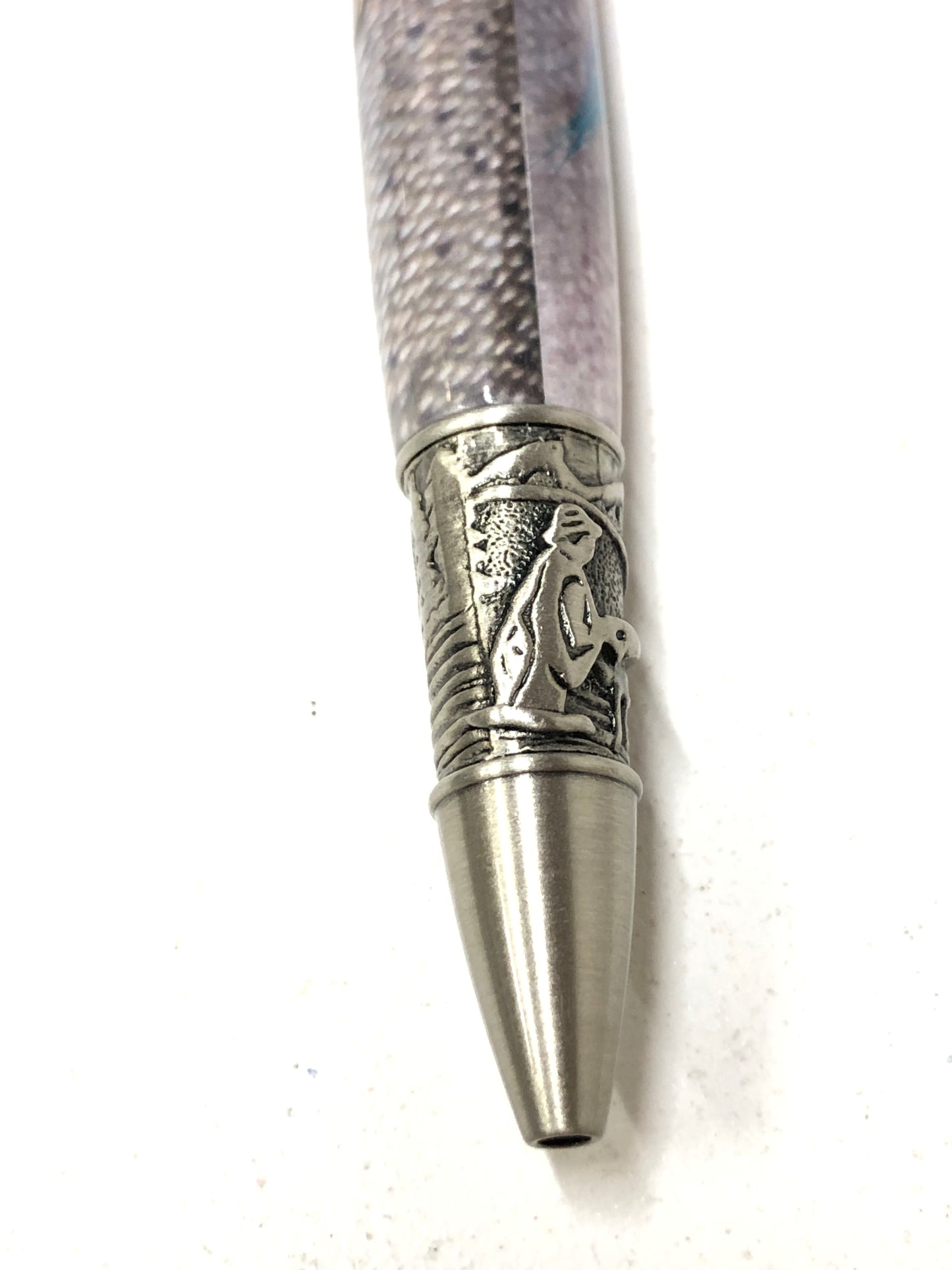 Fly Fishing Ballpoint / Antique Pewter - Purple and Blue Fly with Steelhead Background