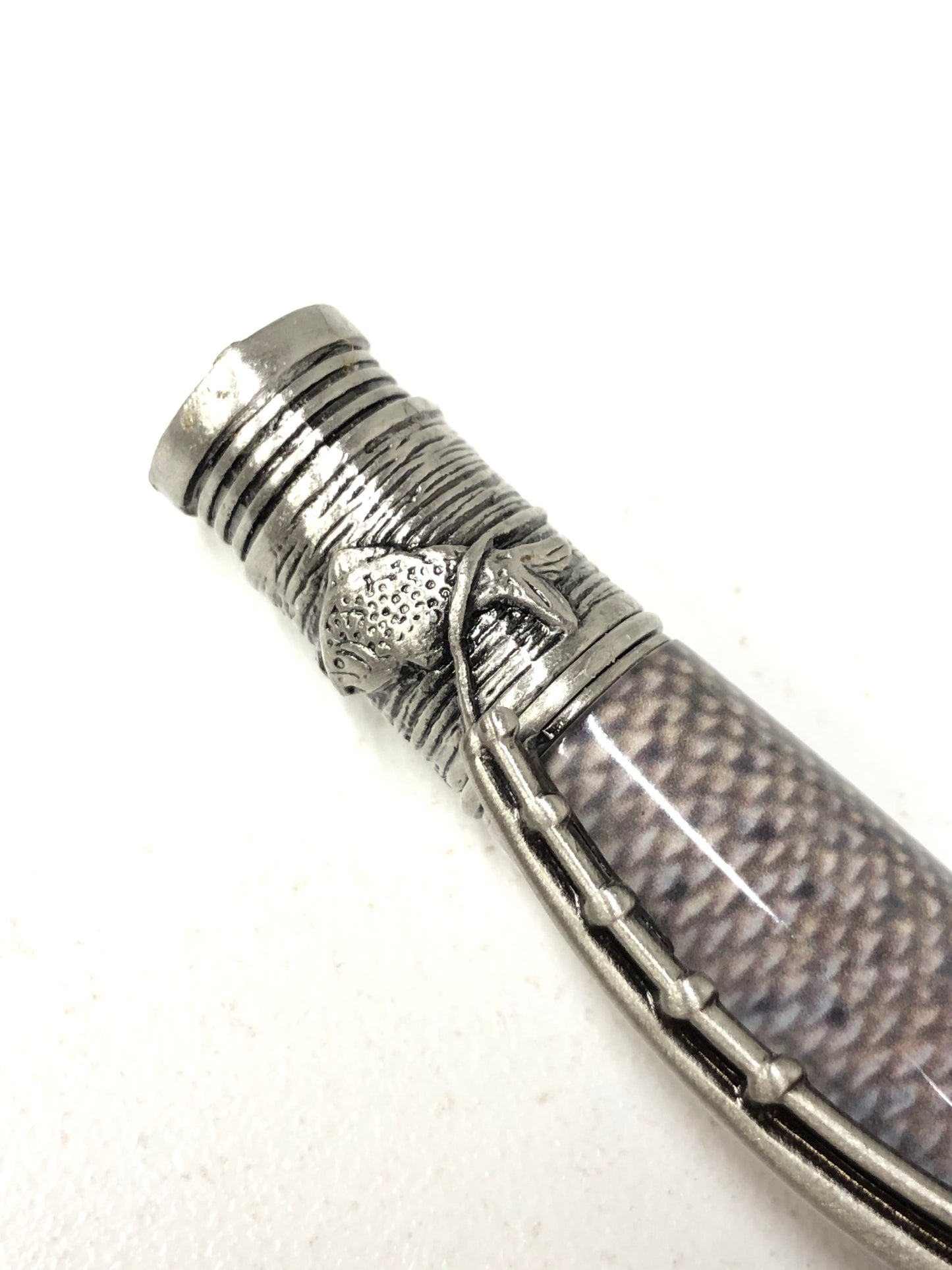 Fly Fishing Ballpoint / Antique Pewter - Purple and Blue Fly with Steelhead Background