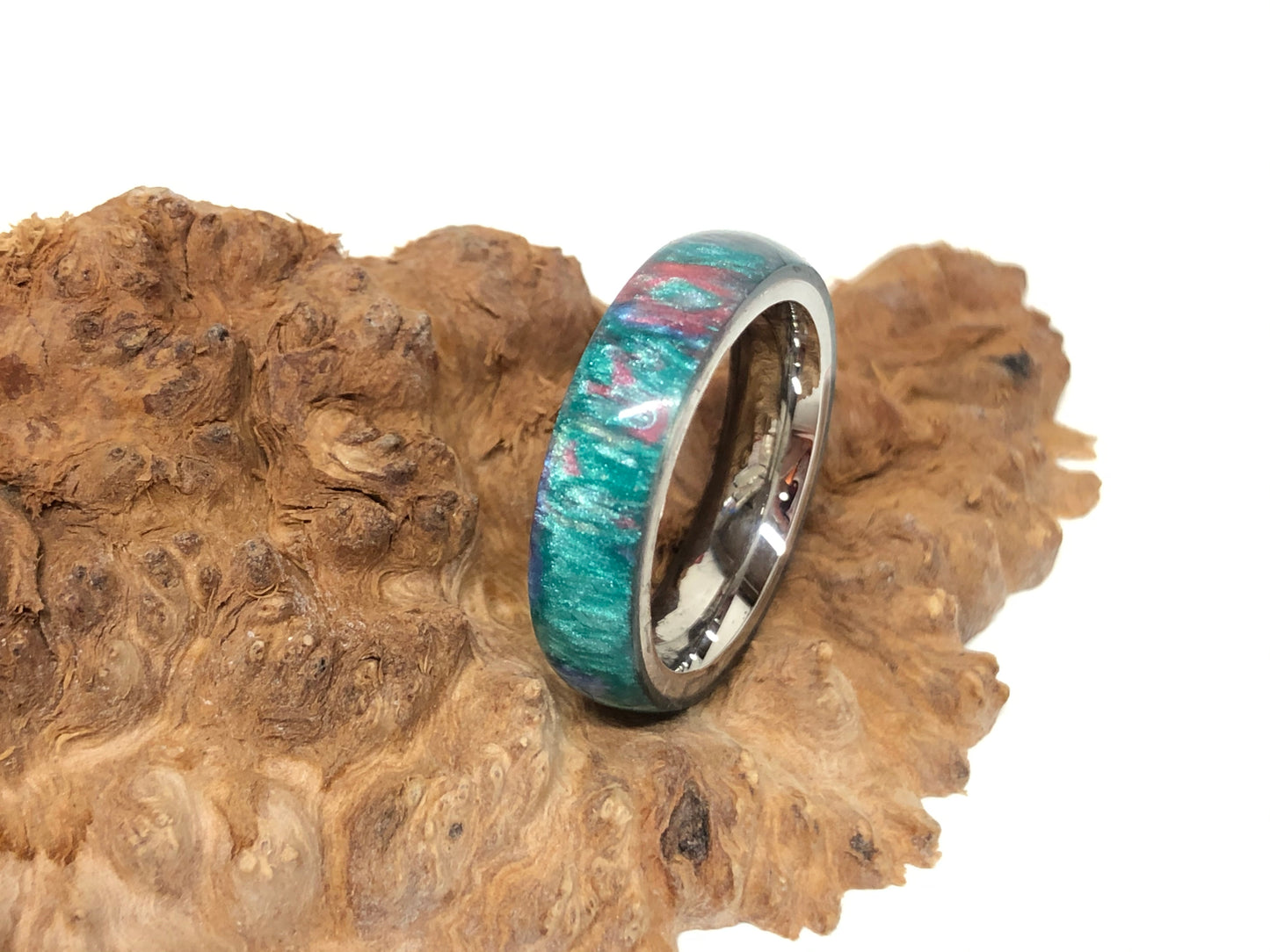 Ring / 5mm Stainless Steel - Resin / Teal Swirl - Size 6