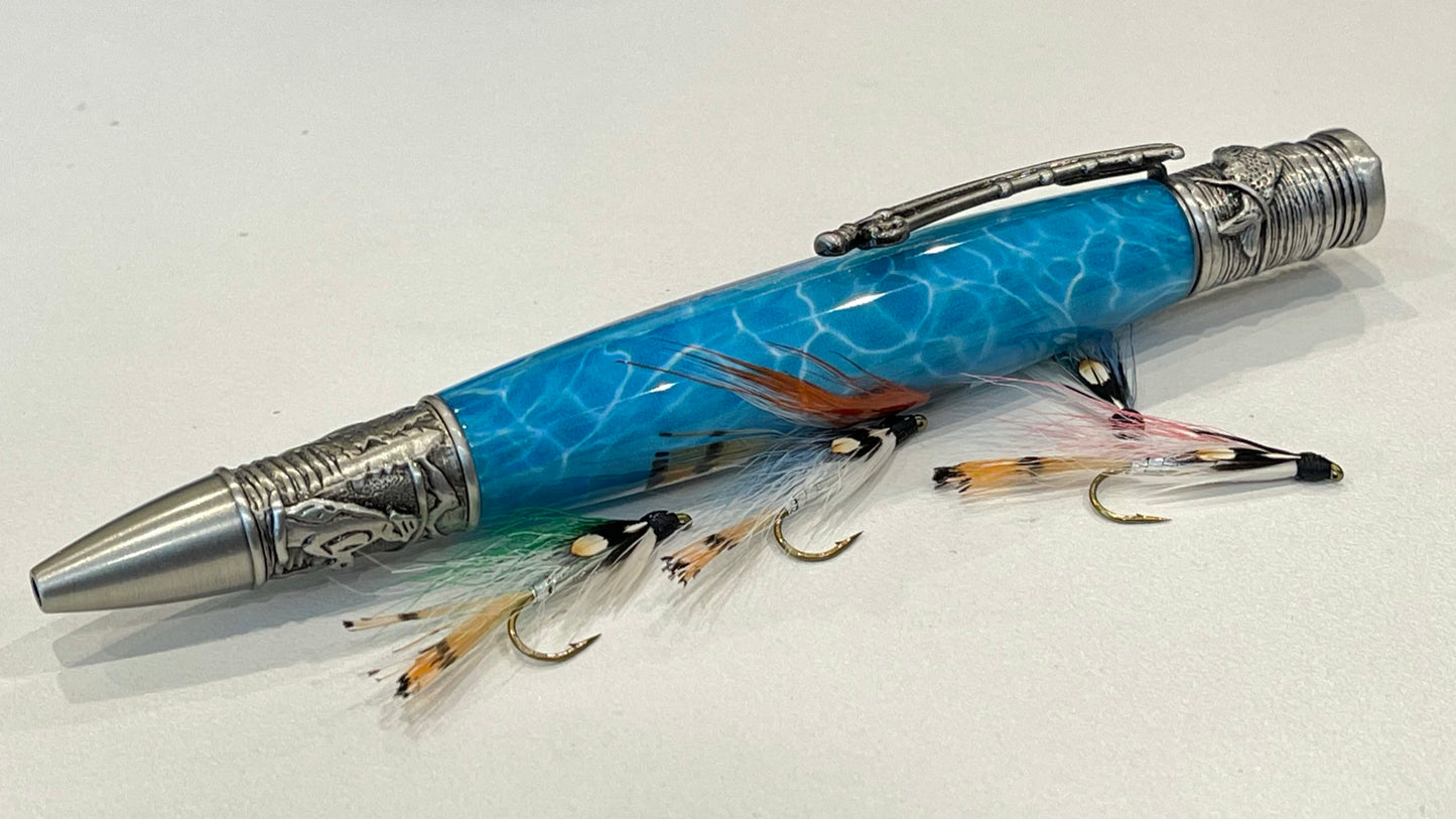 Fly Fishing Ballpoint / Antique Pewter - Orange and White Fly with Water Background