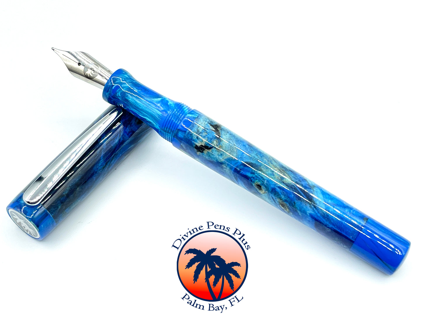 Agape Fountain Pen - Dyed Buckeye Burl w/Blue Resin