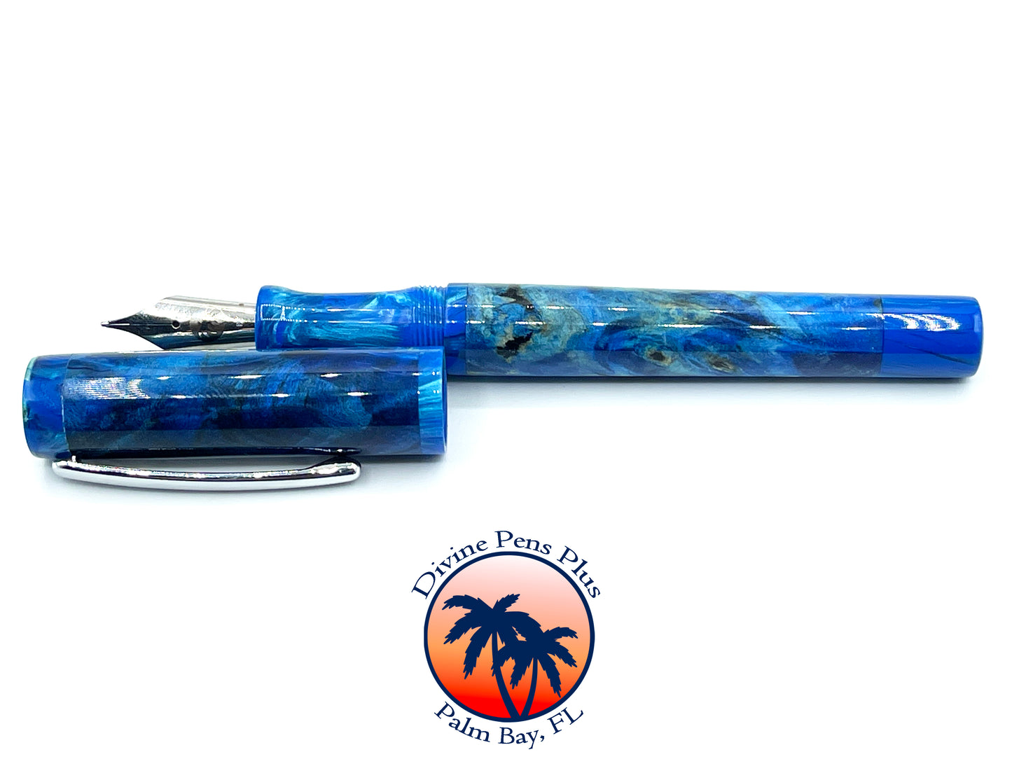 Agape Fountain Pen - Dyed Buckeye Burl w/Blue Resin