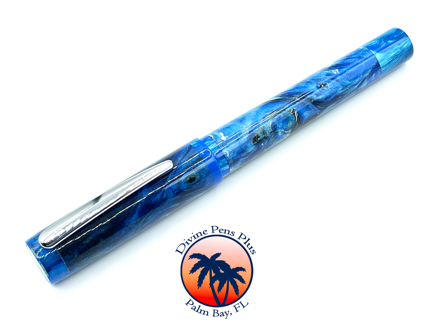 Agape Fountain Pen - Dyed Buckeye Burl w/Blue Resin