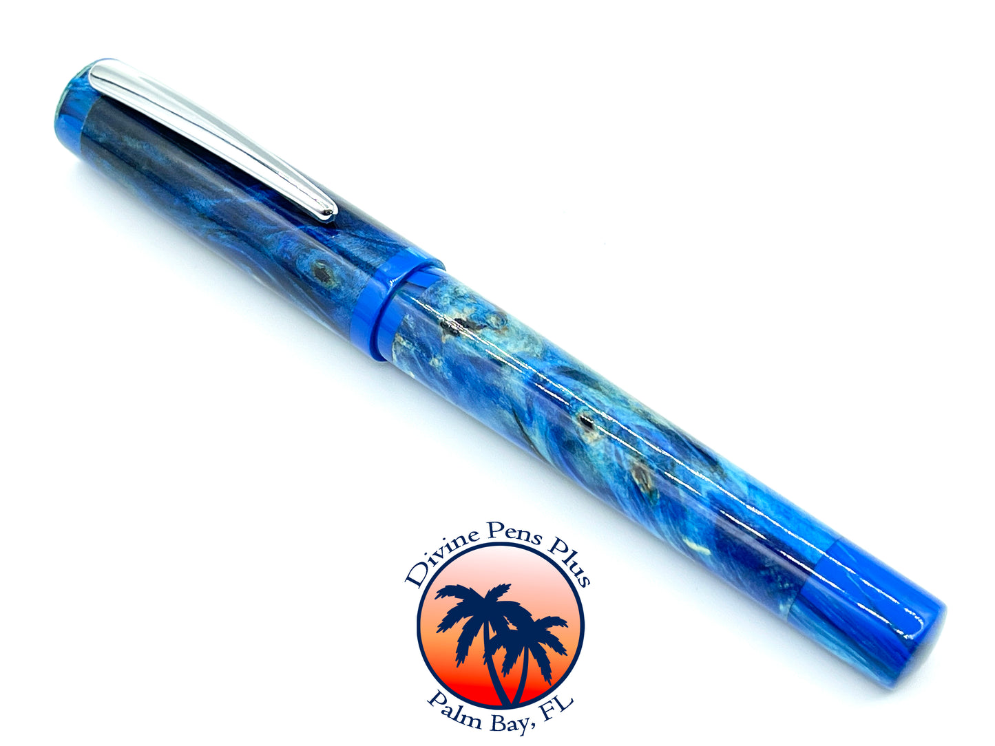 Agape Fountain Pen - Dyed Buckeye Burl w/Blue Resin