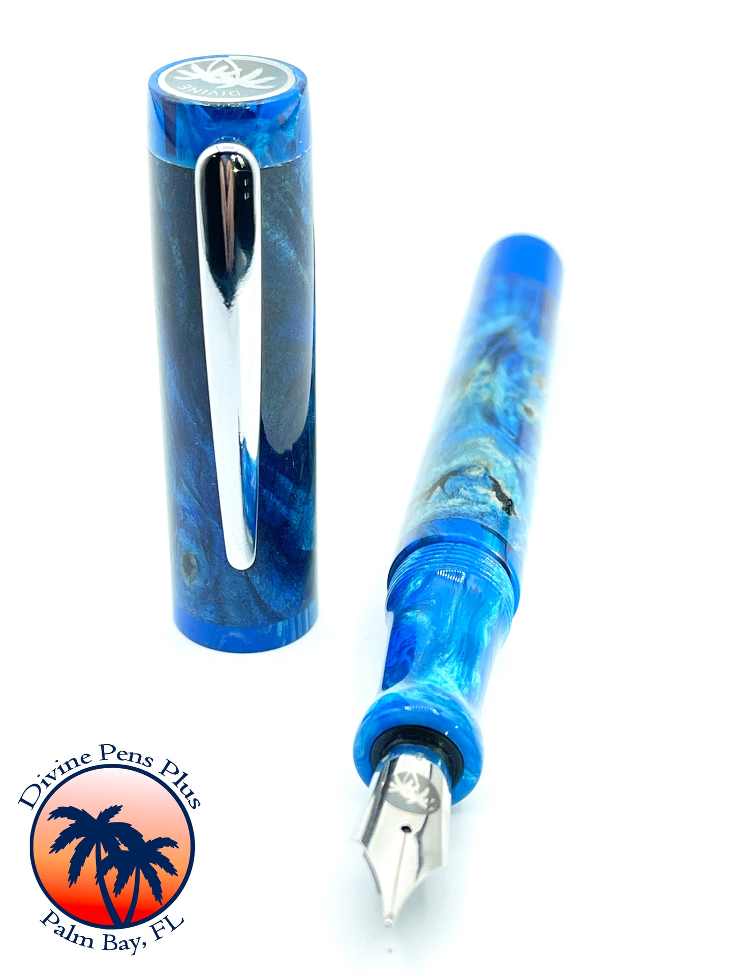 Agape Fountain Pen - Dyed Buckeye Burl w/Blue Resin