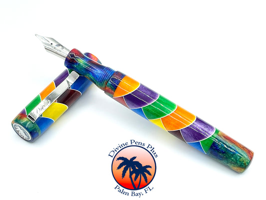 Custom Fountain Pen - Segmented Rainbow w/DiamondCast™ Oil Slick