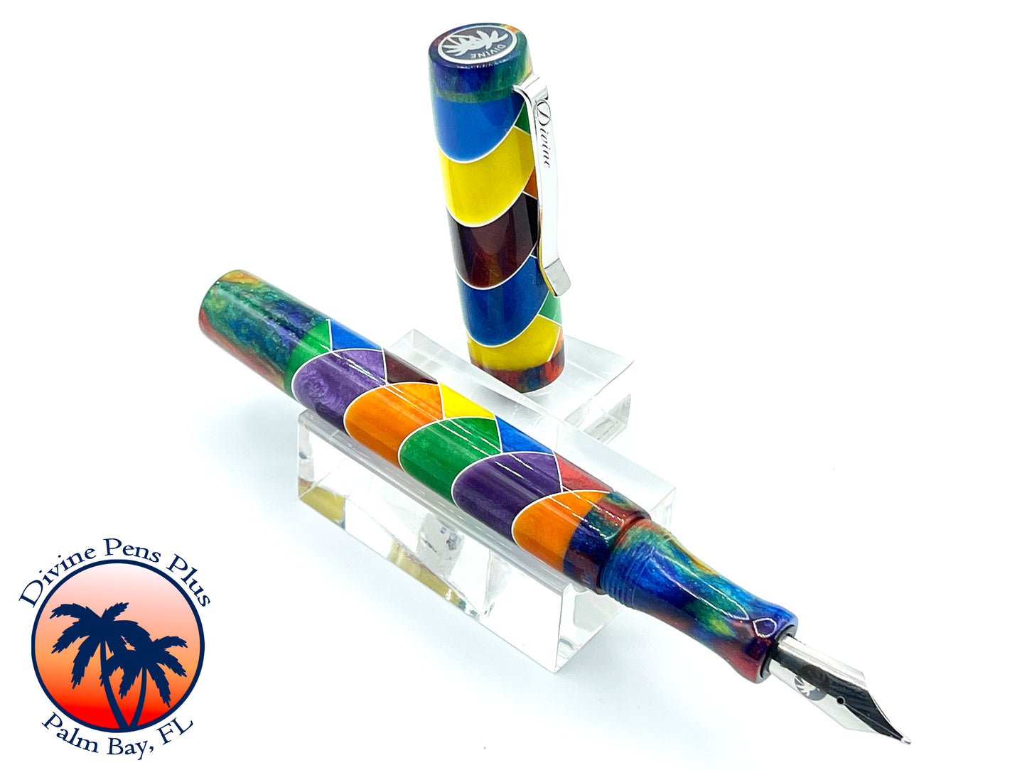 Custom Fountain Pen - Segmented Rainbow w/DiamondCast™ Oil Slick