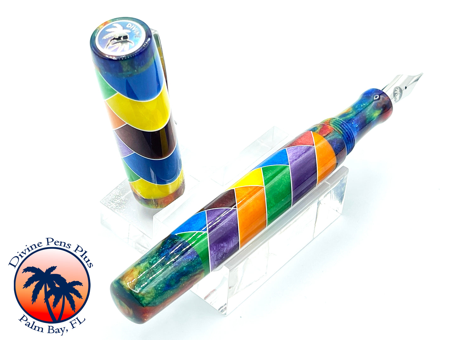 Custom Fountain Pen - Segmented Rainbow w/DiamondCast™ Oil Slick