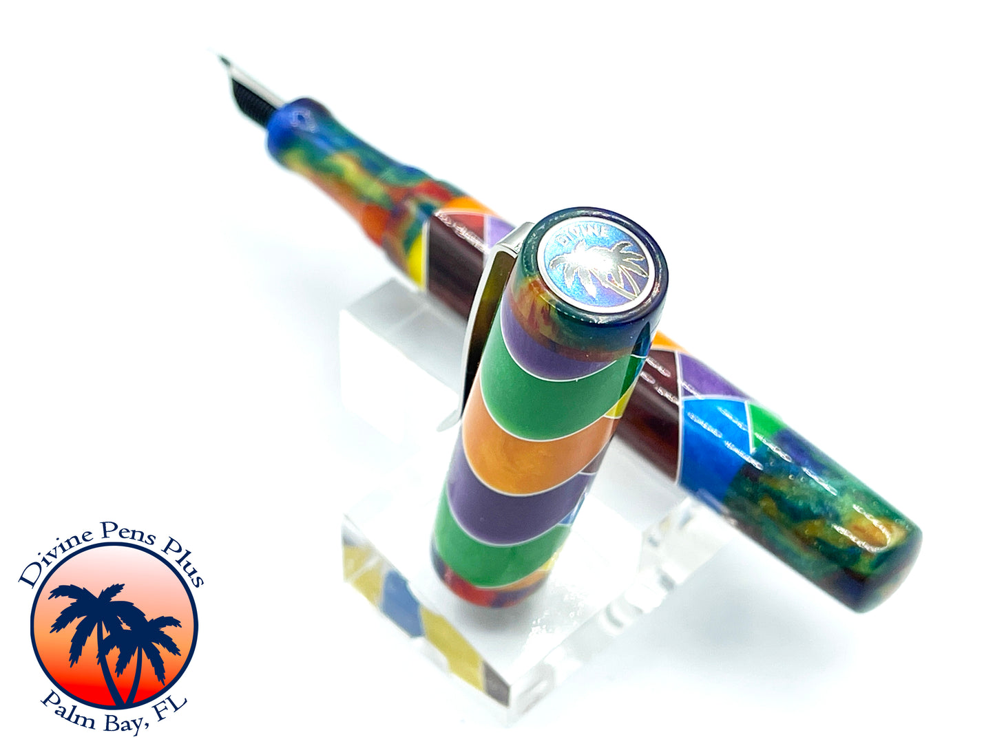 Custom Fountain Pen - Segmented Rainbow w/DiamondCast™ Oil Slick