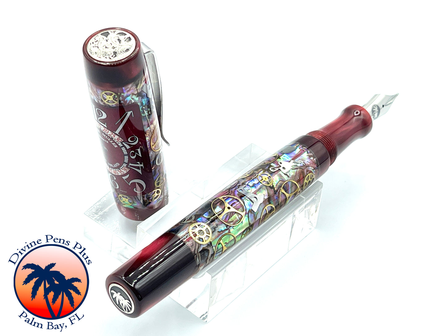 Custom Fountain Pen - Franck Mueller Watch Parts w/Abalone and Red Sky @ Night