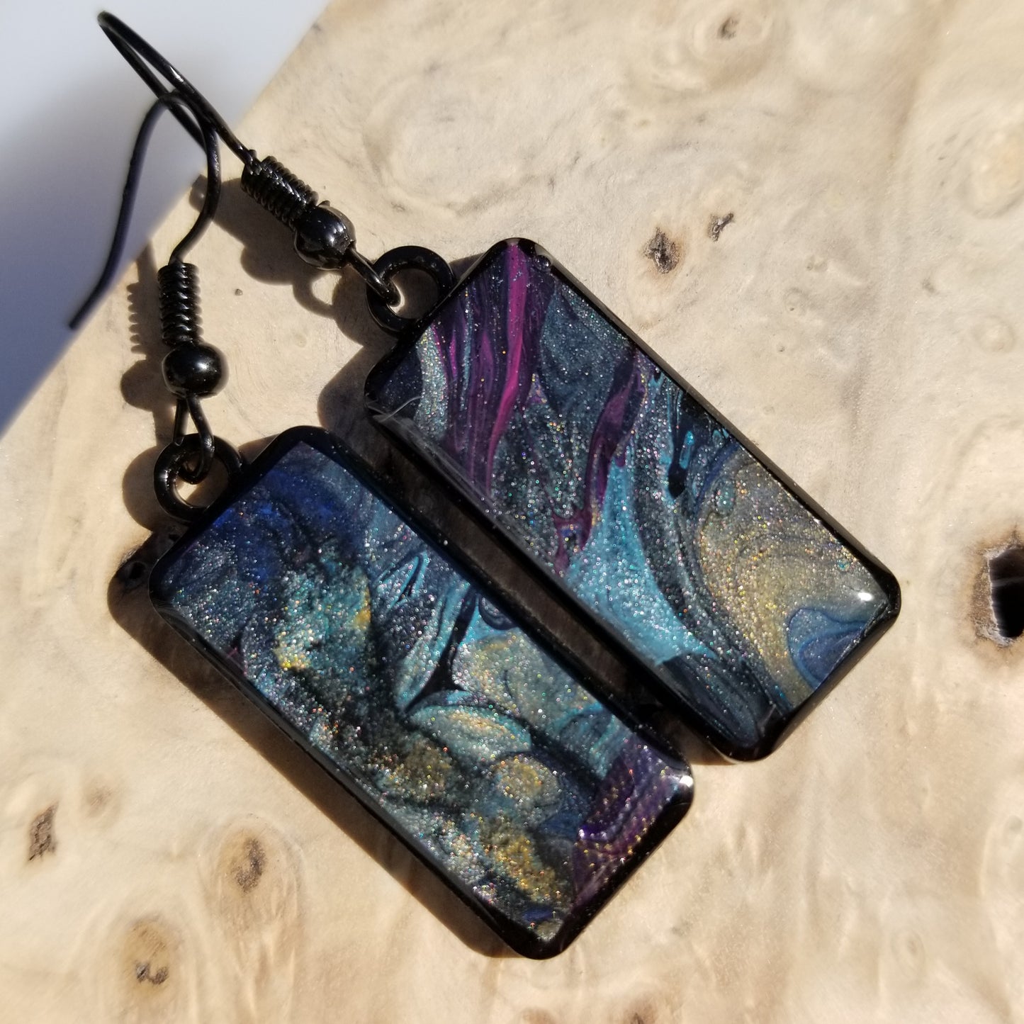 Acrylic Pour Skin with Resin Dome / Silver Tray or Black TrayWire Hook Earrings