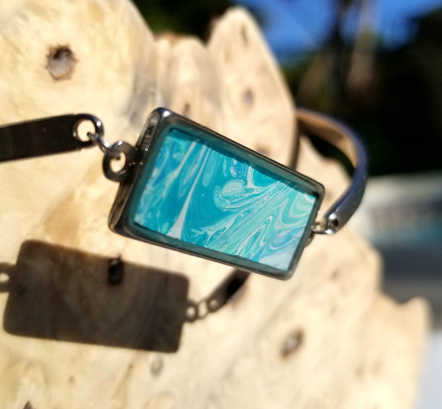 Acrylic Pour Skin with Resin Dome - Stainless Steel Rectangle Bracelet