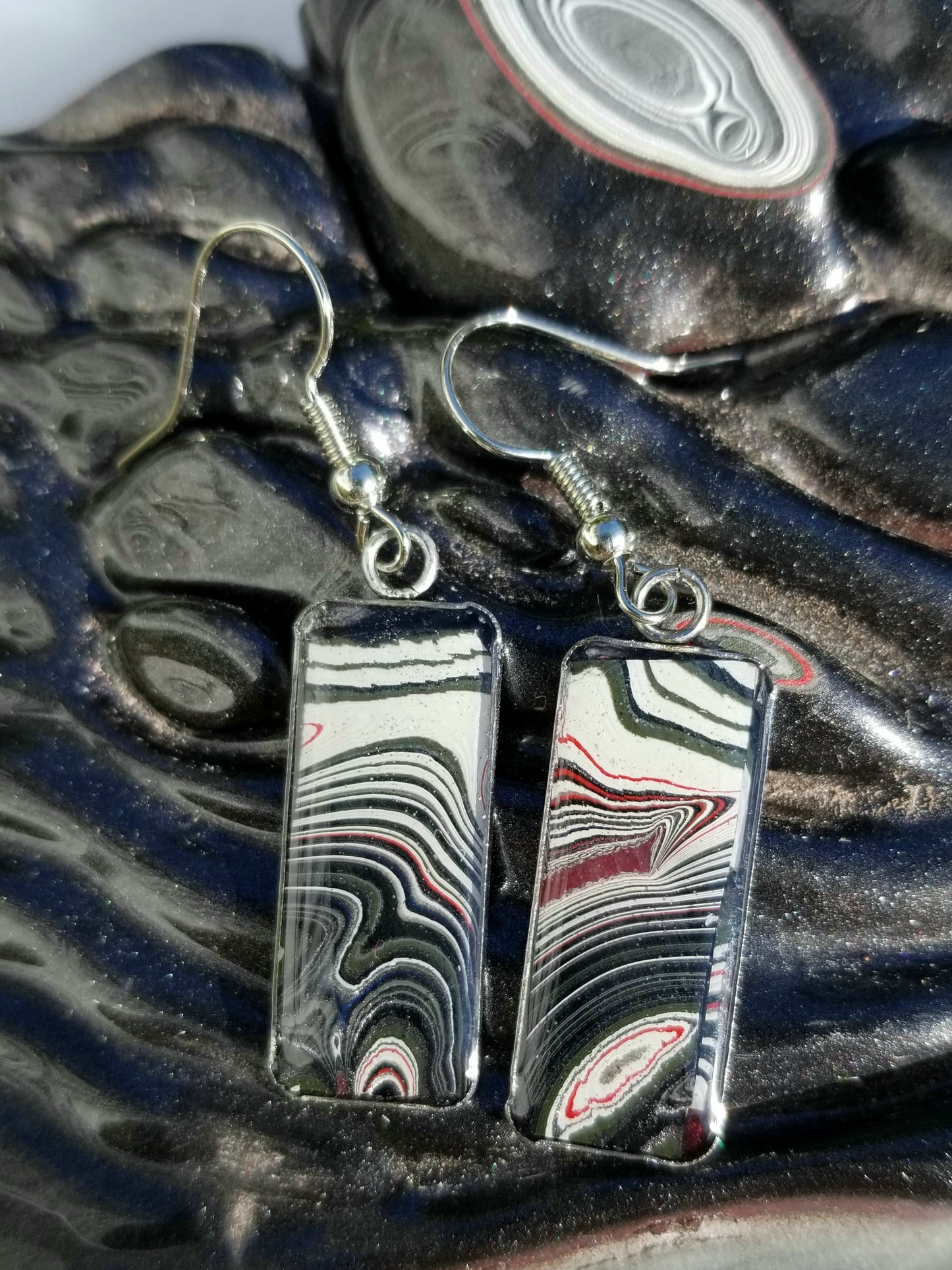 Jewelry Grade Fordite with Resin Dome / Silver Tray or Black TrayWire Hook Earrings