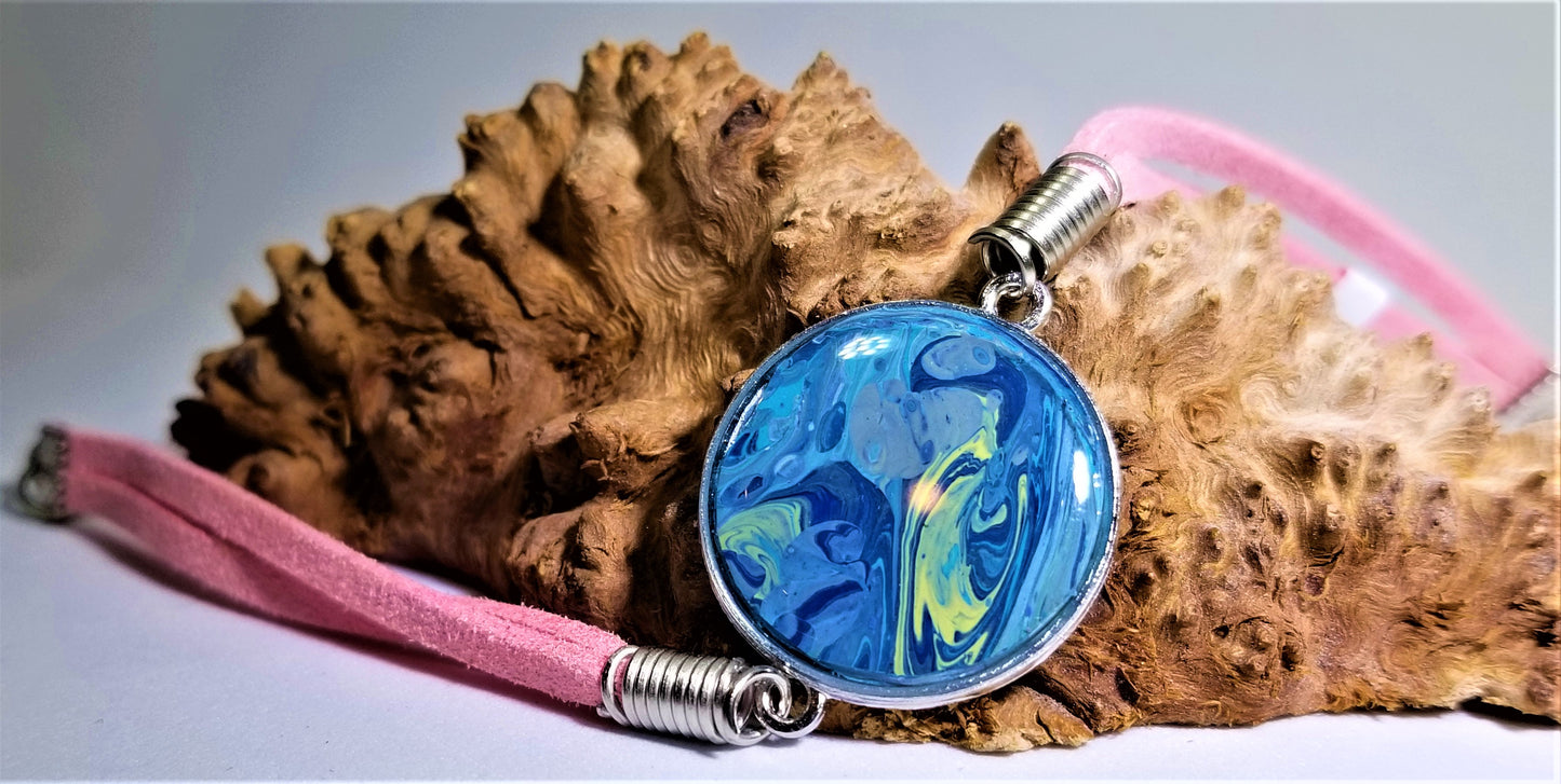 Acrylic Pour Skin with Resin Dome / Silver Pendant - Leather Bracelet