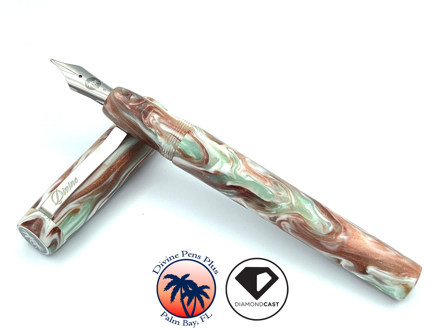 Agape Fountain Pen - Custom DiamondCast™ Malachite, Copper, and White