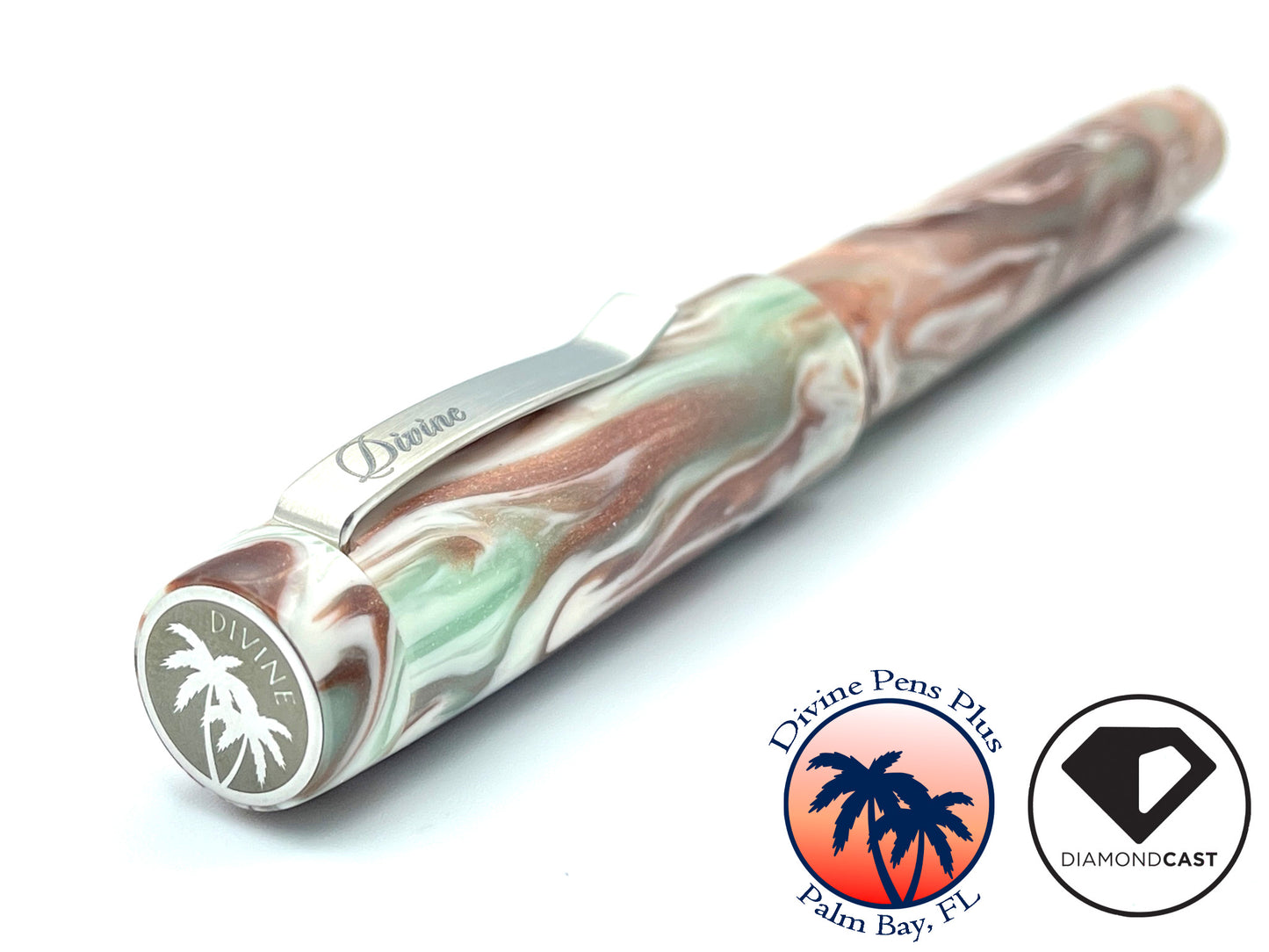 Agape Fountain Pen - Custom DiamondCast™ Malachite, Copper, and White