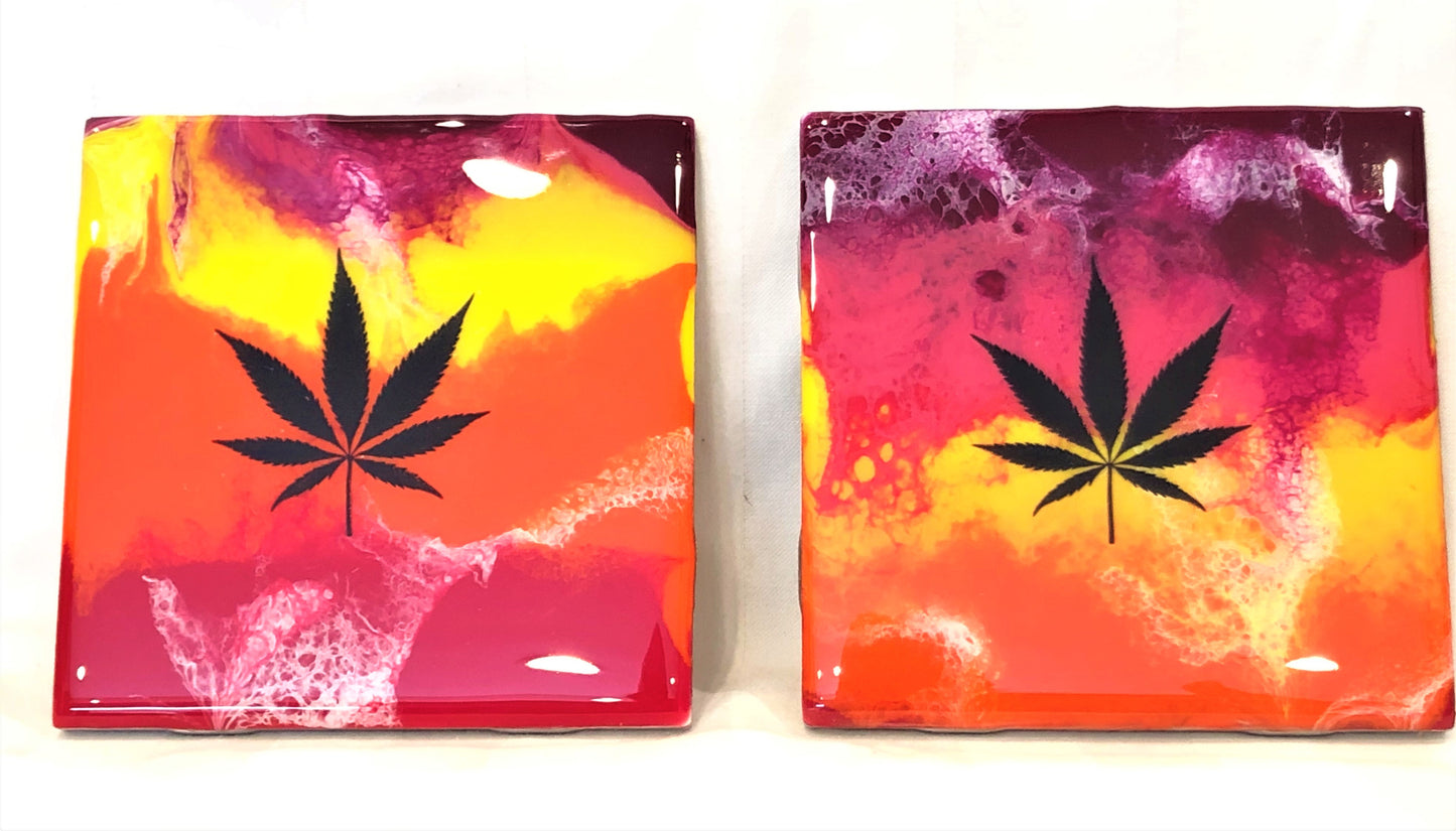 Tile Coasters - Red Yellow Orange with MJ Leaf