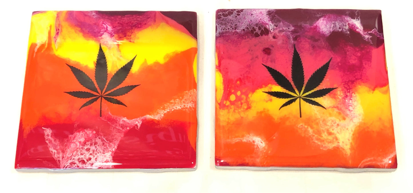 Tile Coasters - Red Yellow Orange with MJ Leaf
