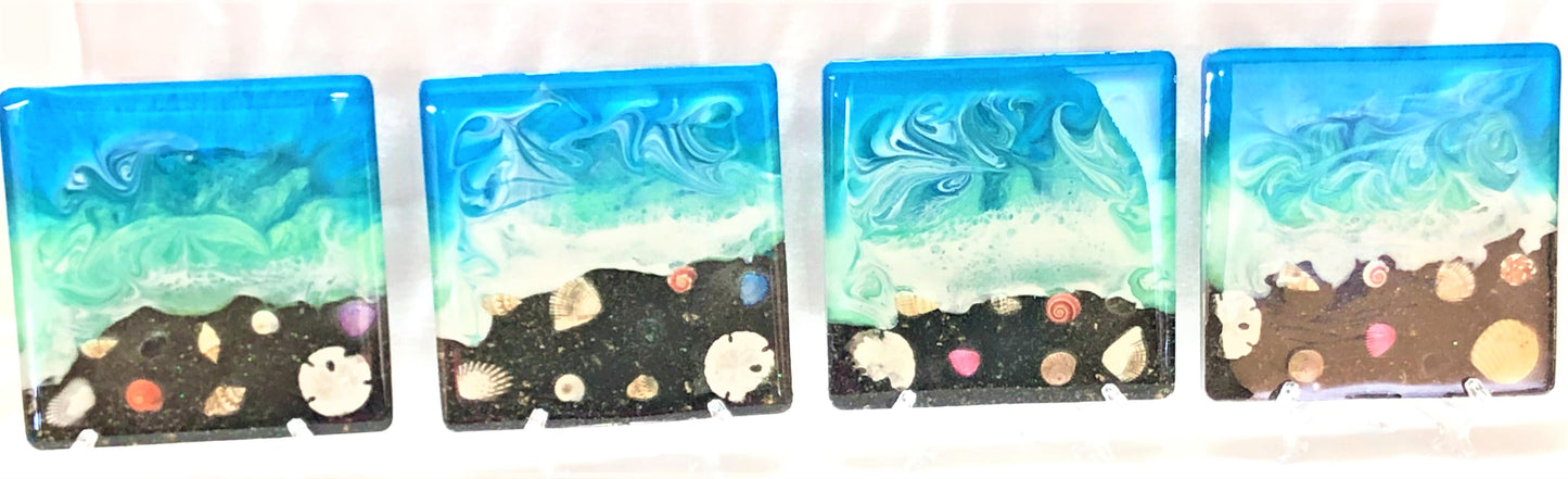 Large Square Beach Coasters with Black Sand and Shells