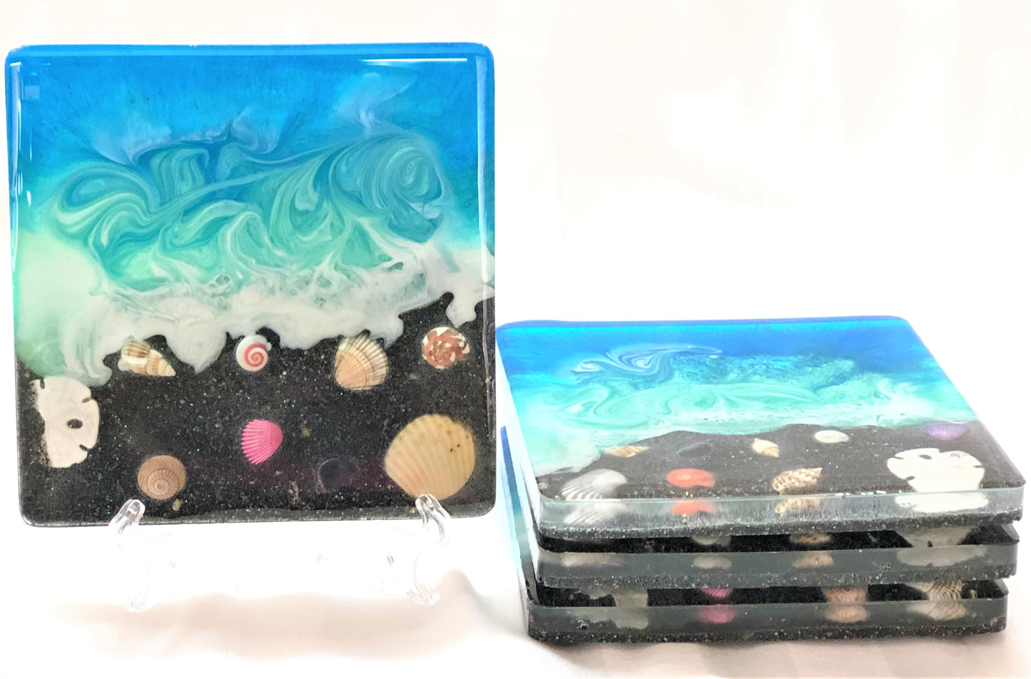 Large Square Beach Coasters with Black Sand and Shells