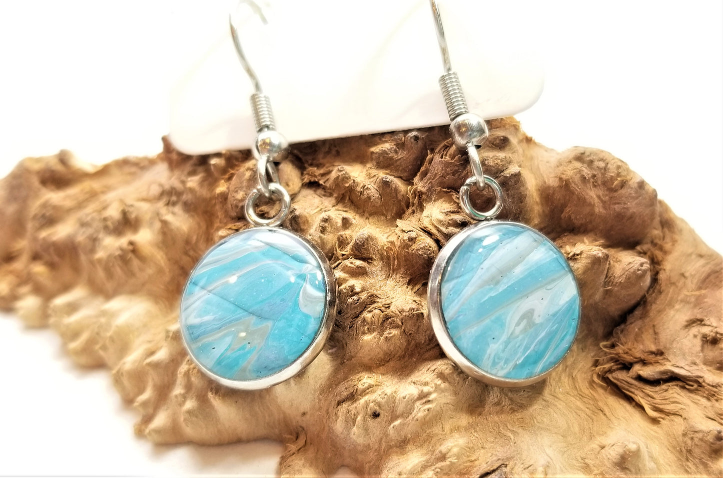 Acrylic Pour Skin with Resin Dome / Silver Wire Hook Earrings