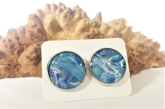 Acrylic Pour Skin with Resin Dome / Silver Stud Earrings