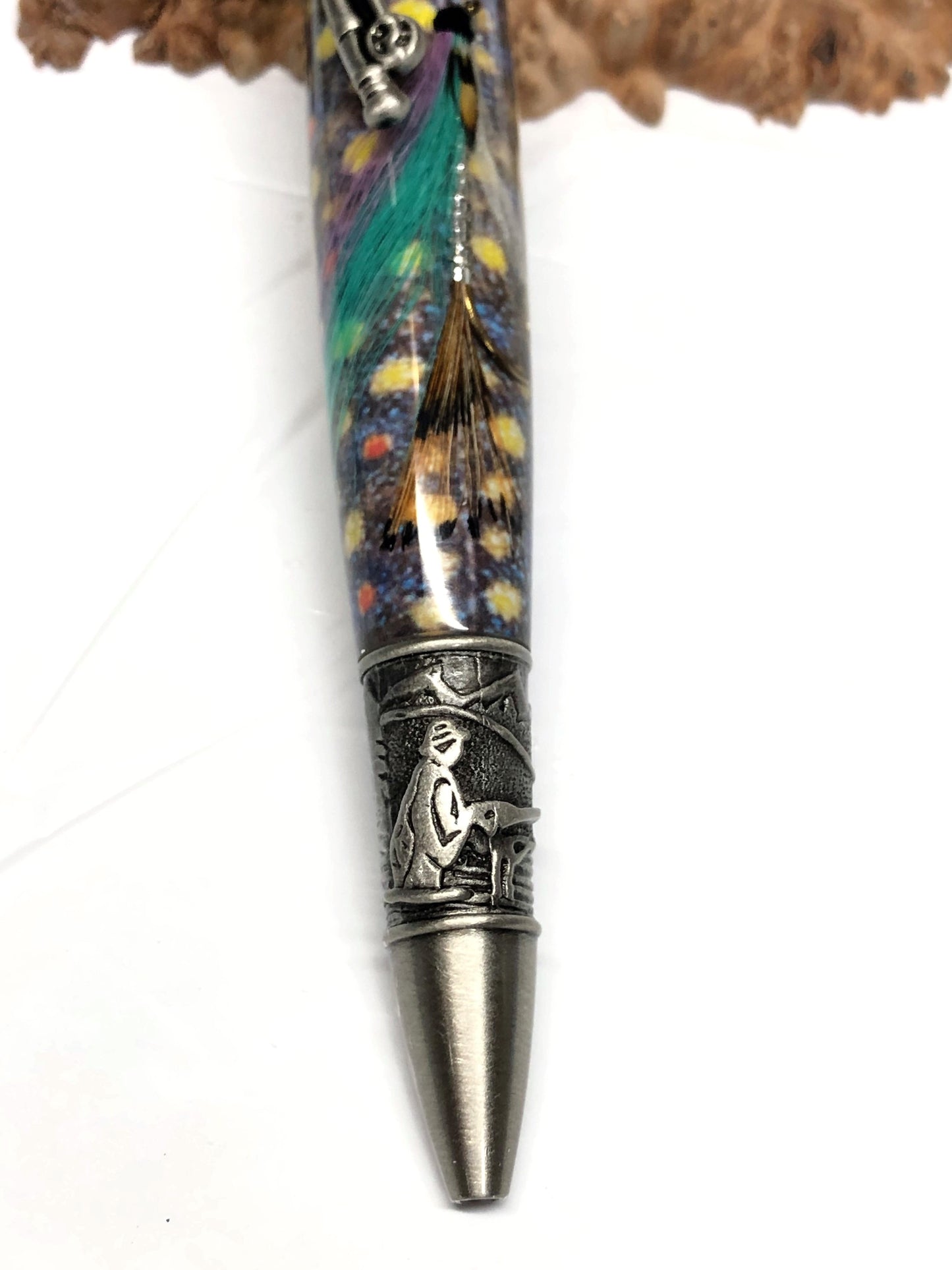 Fly Fishing Ballpoint / Antique Pewter - Purple/Teal Fly with Brook Trout Background