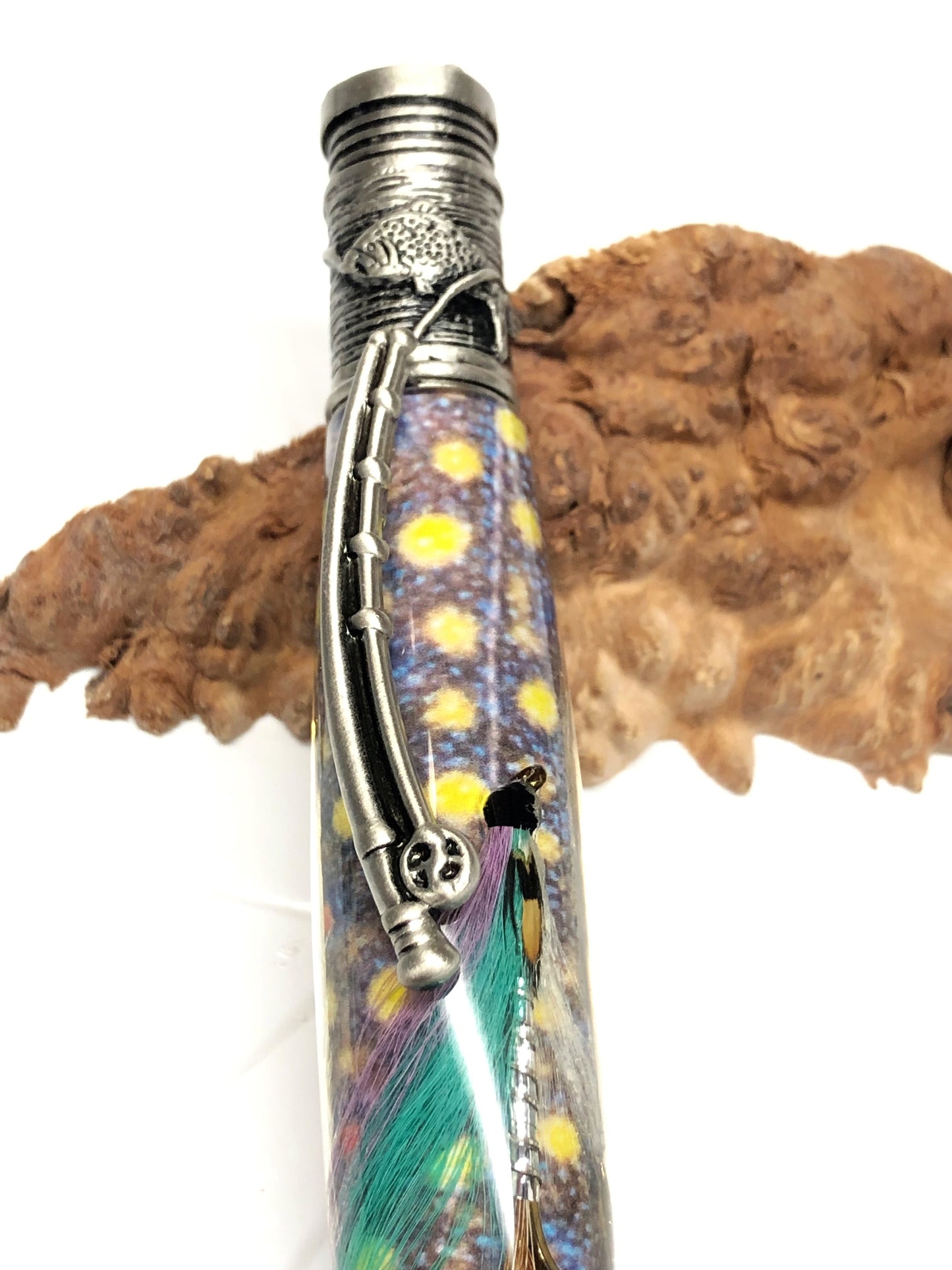 Fly Fishing Ballpoint / Antique Pewter - Purple/Teal Fly with Brook Trout Background