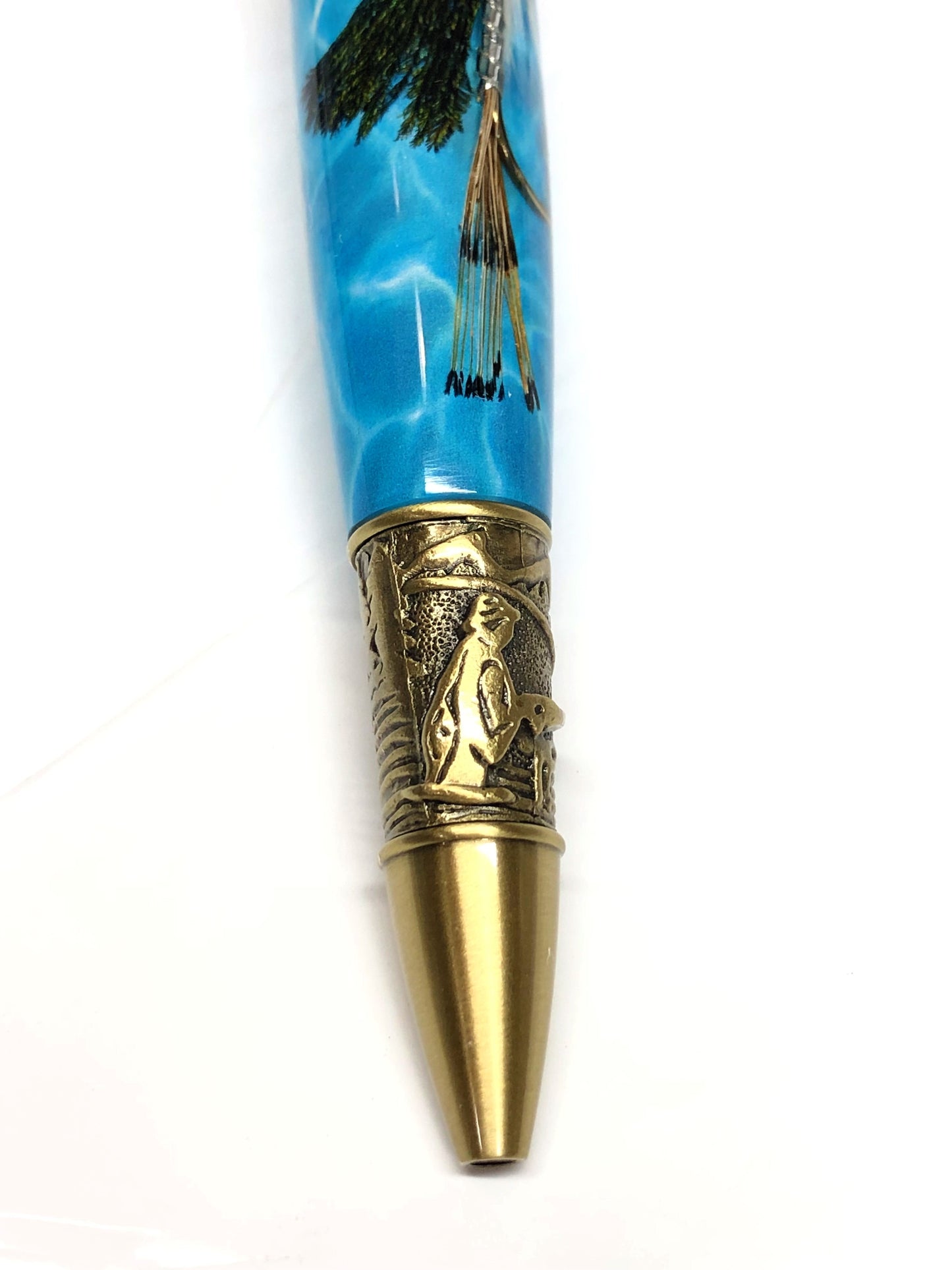 Fly Fishing Ballpoint / Antique Brass - Green Feather Fly with Water Background
