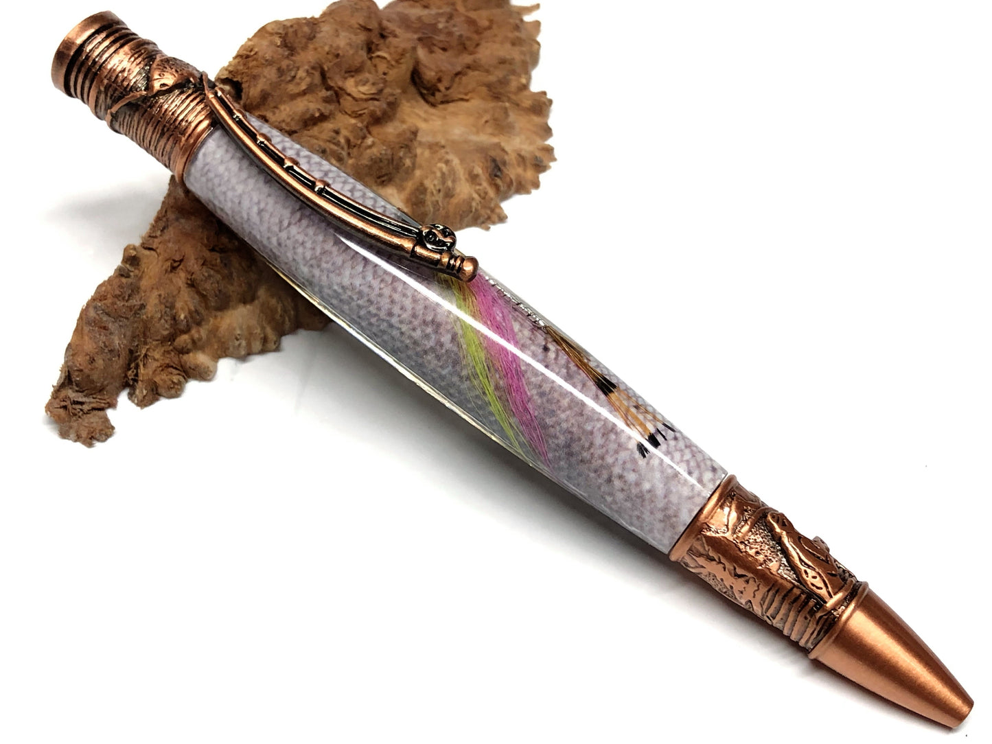 Fly Fishing Ballpoint / Antique Copper - Pink/Yellow Fly with Steelhead Background
