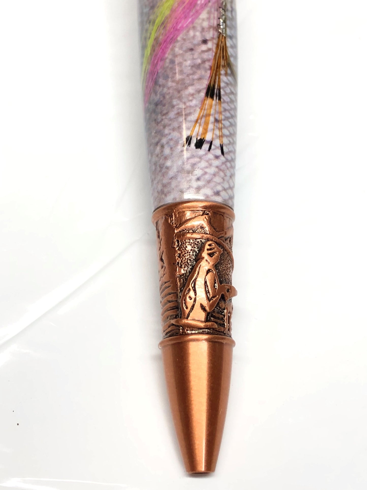 Fly Fishing Ballpoint / Antique Copper - Pink/Yellow Fly with Steelhead Background
