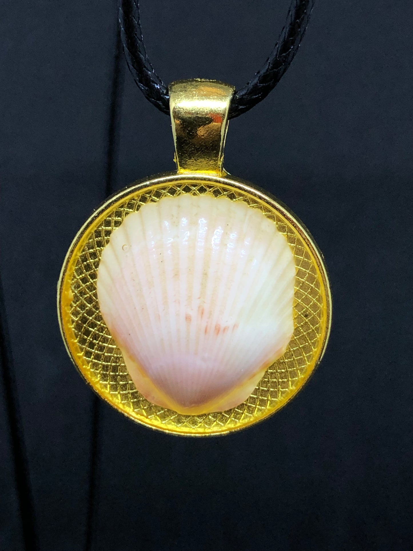 Seashell / Gold Pendant - Black Cord Necklace