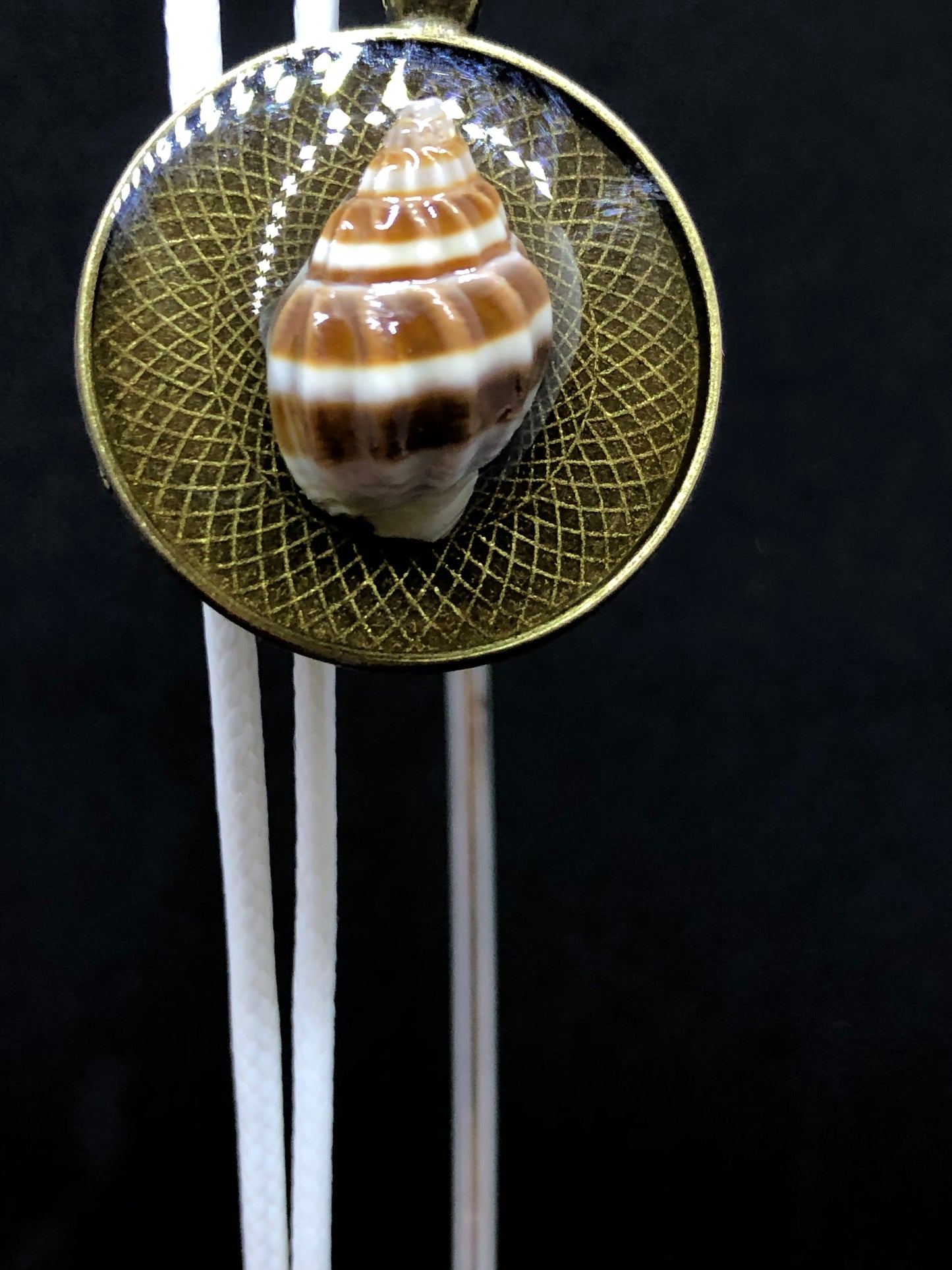 Seashell / Antique Gold Pendant - White Cord Necklace