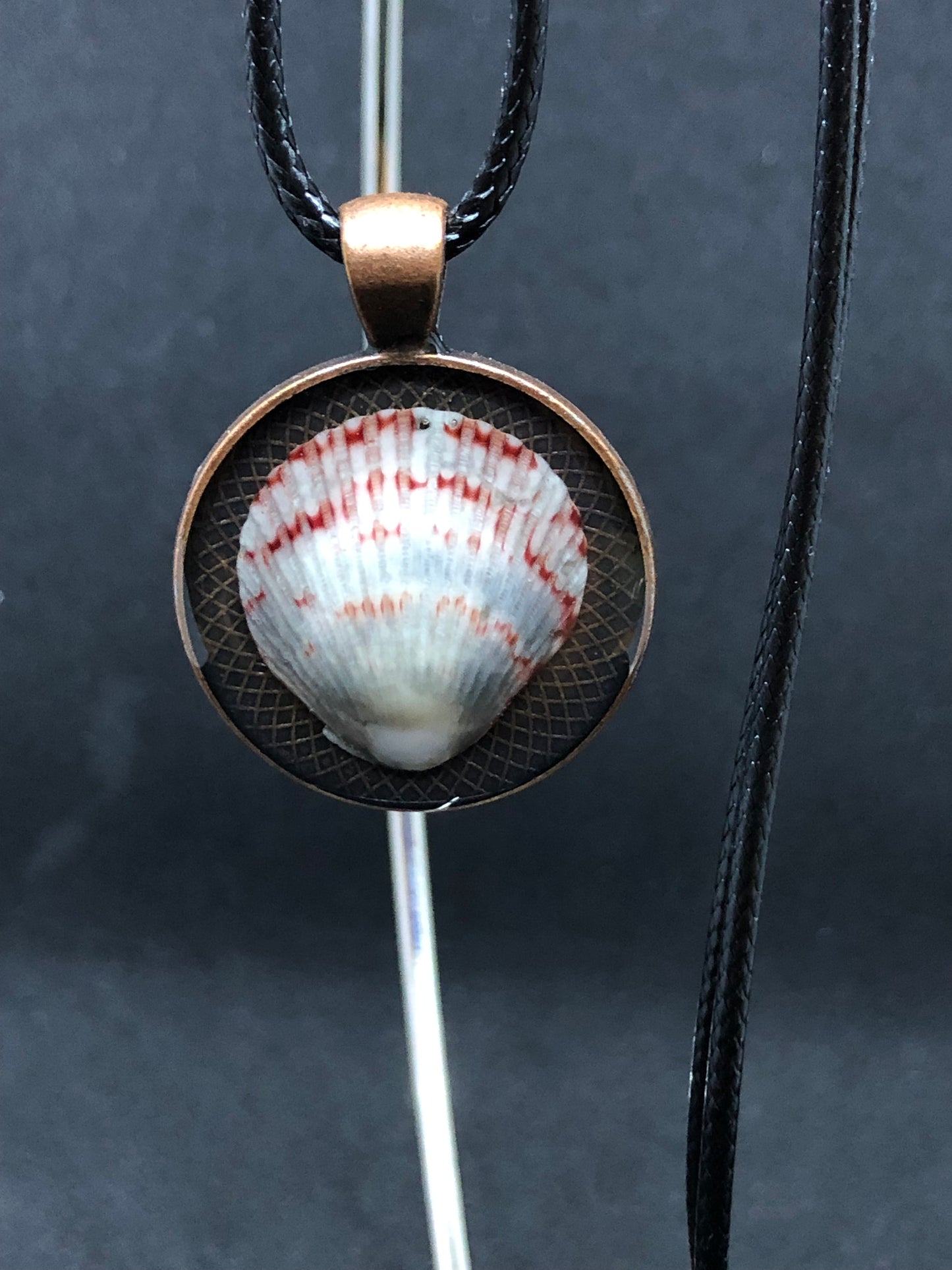 Seashell / Antique Bronze Pendant - Black Cord Necklace