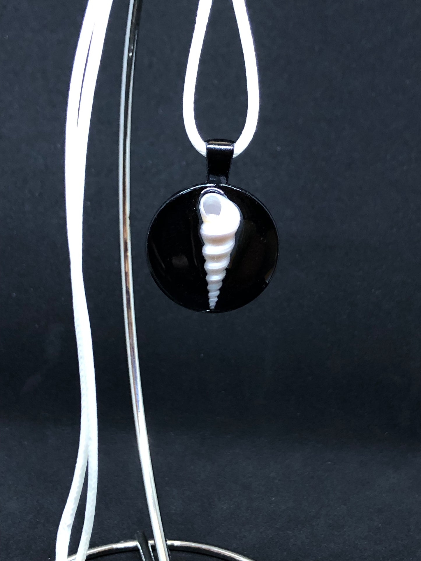 Seashell / Black Pendant - White Cord Necklace