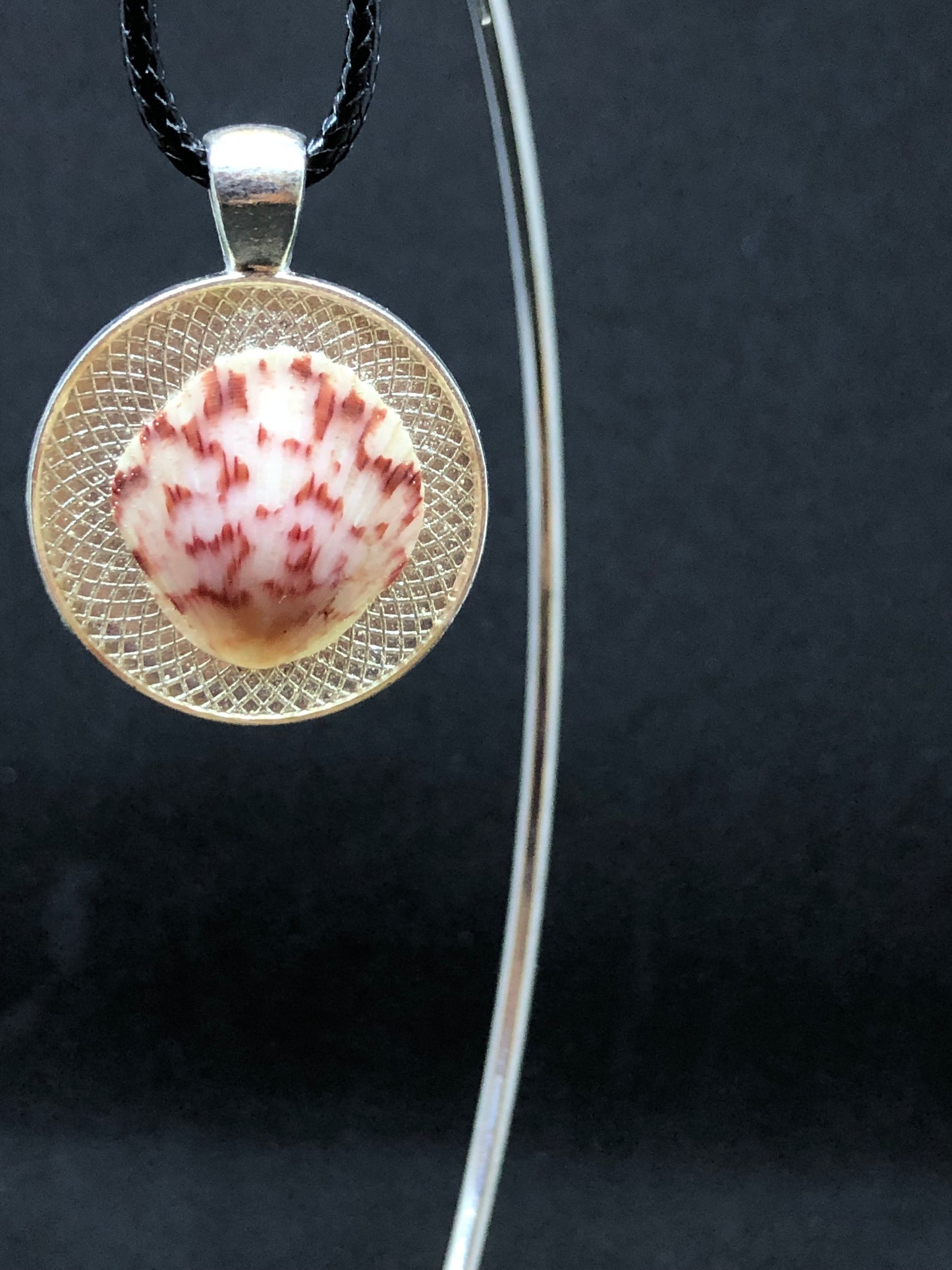 Seashell / Chrome Pendant - Black Cord Necklace