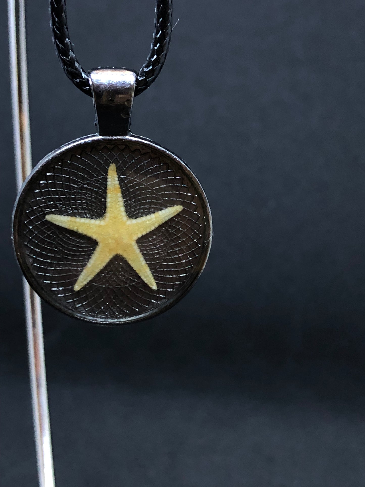 Starfish / Antique Gold Pendant - Black Cord Necklace