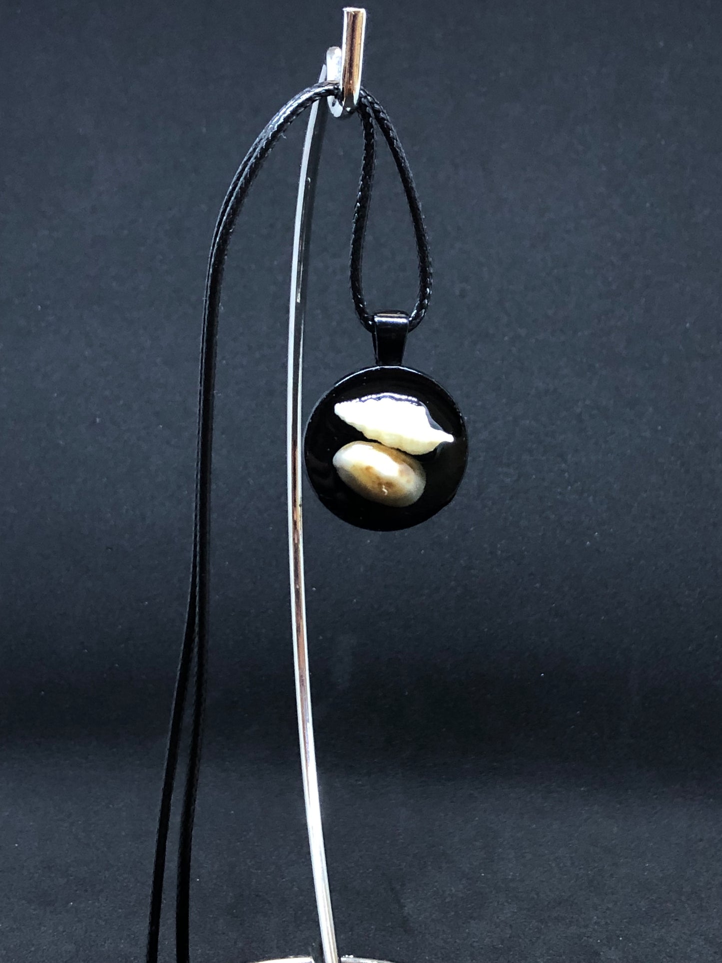 Seashell Duo / Black Pendant - Black Cord Necklace