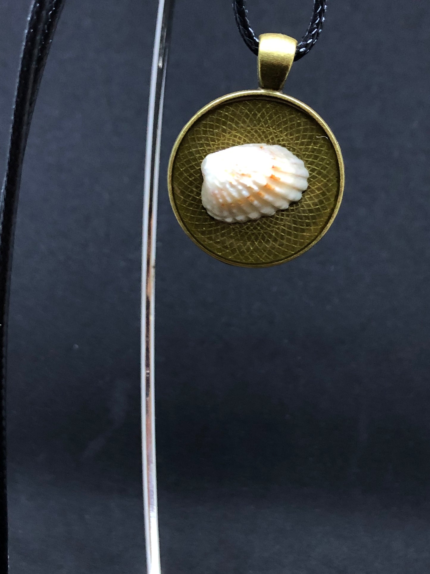 Seashell / Antique Gold Pendant - Black Cord Necklace