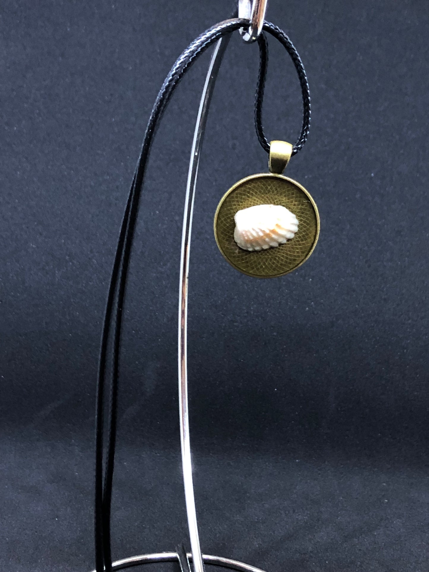 Seashell / Antique Gold Pendant - Black Cord Necklace