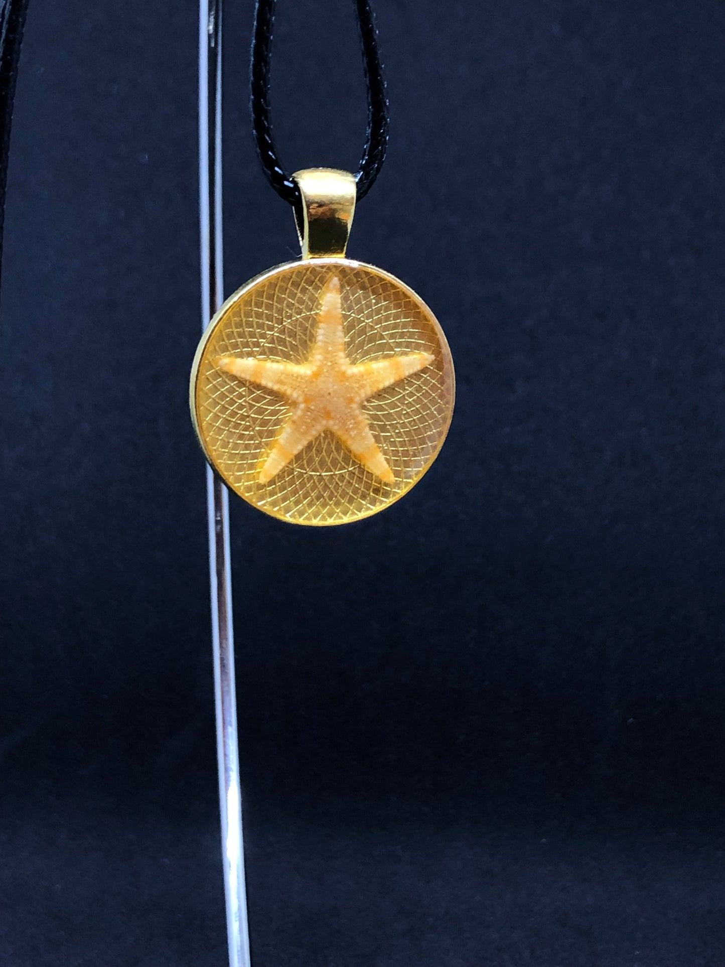 Starfish / Gold Pendant - Black Cord Necklace