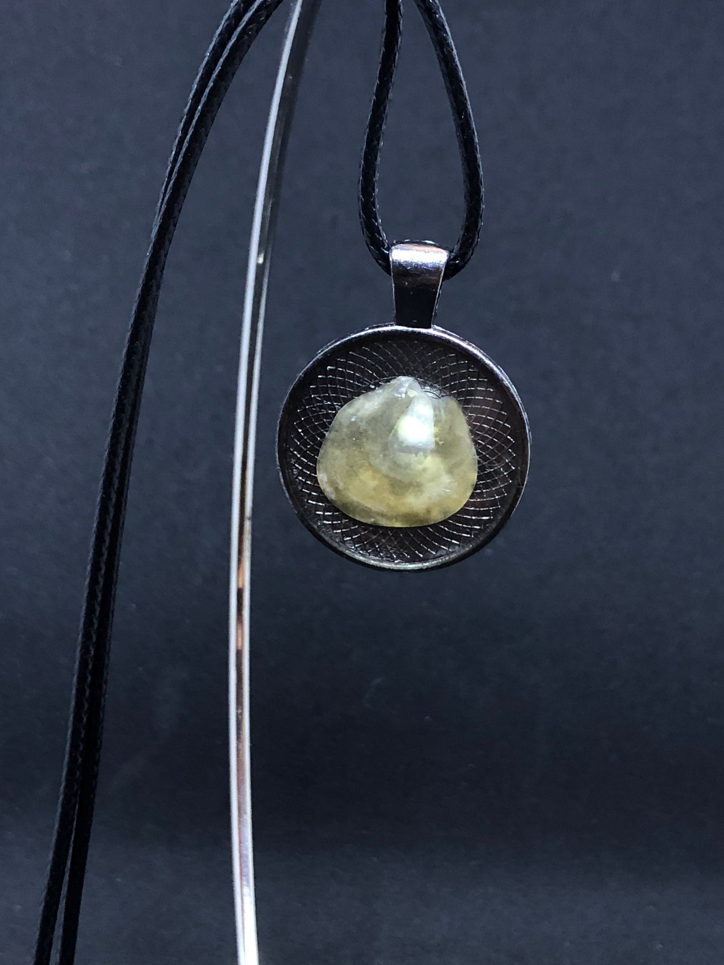 Seashell / Antique Silver Pendant - Black Cord Necklace