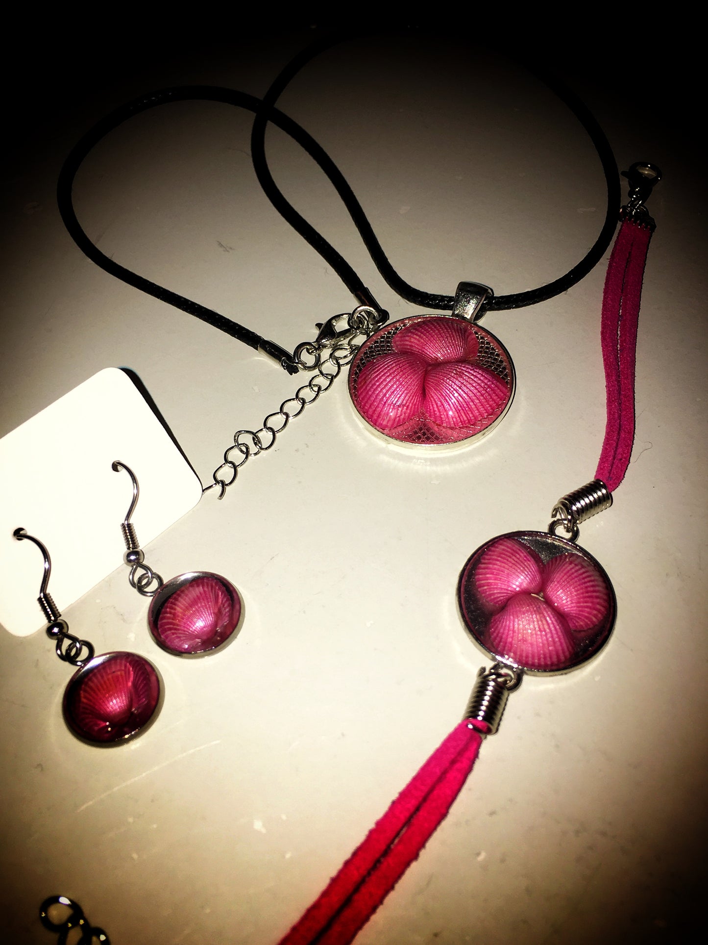 Seashell Trio / Silver Pendant - Black Necklace/Pink Bracelet/Earrings Matching Set