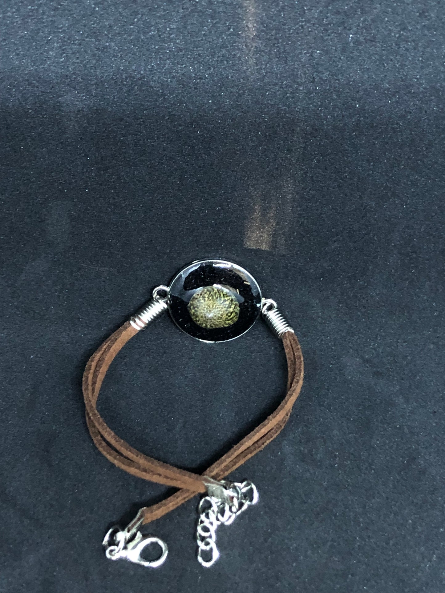 Seashell  w/ Black Sand / Silver Pendant - Brown Woven Leather Bracelet